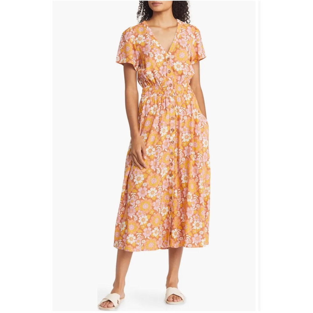 Marine Layer Floral Orange Midi Dress